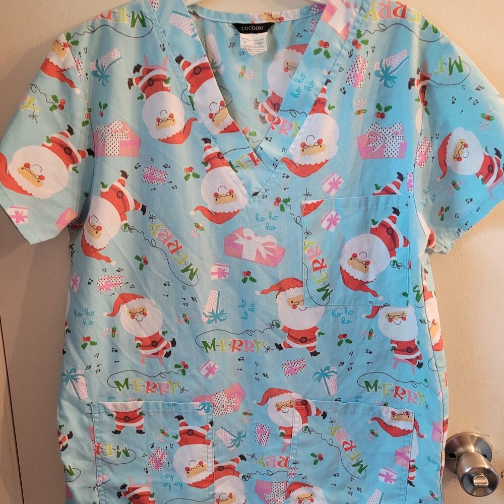 Cocoom Christmas Santa Claus Short Sleeve Blue Uniform Scrub Top Women's Size S